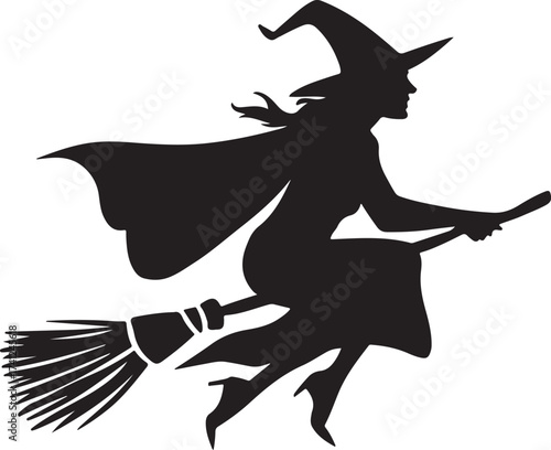 Silhouette of a classic witch with pointed hat and flowing cape riding a broomstick at night