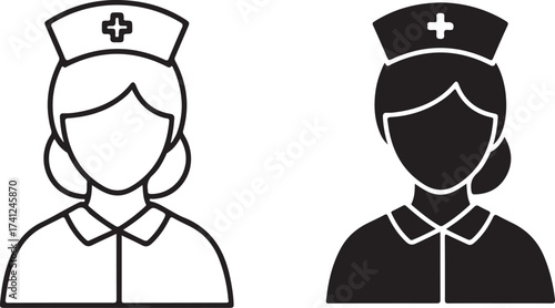 Illustration of a nurse icon, depicting a healthcare professional wearing a traditional nurses cap with a cross symbol, the image showcases the symbol of nursing and medical care on