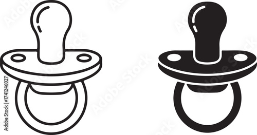 Illustration of two pacifiers, one in black and one in white, a simple and clean design suitable for babyrelated themes, representing comfort, care, and childhood on