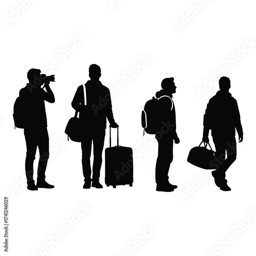 Silhouette travelers with luggage and camera isolated on travel tourism concept silhouette