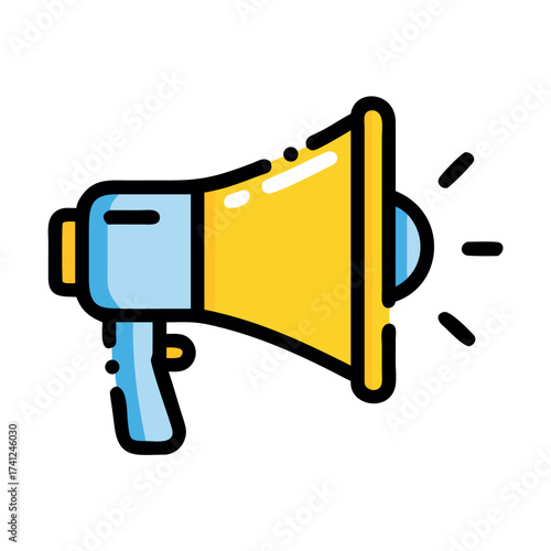 Illustration of a Yellow and Blue Megaphone with Black Outline Sound Waves Emanating from the Horn