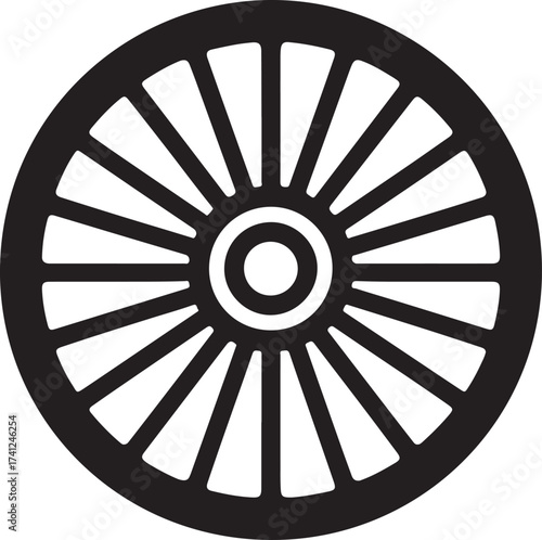 Simple black and white illustration of a traditional wagon wheel with multiple spokes