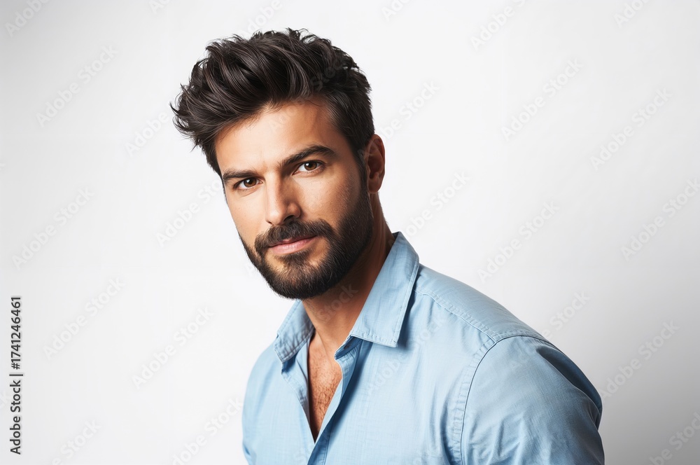 Obraz premium handsome bearded man with styled hair wearing a light blue casual shirt posing confidently in a studio setting against a white background