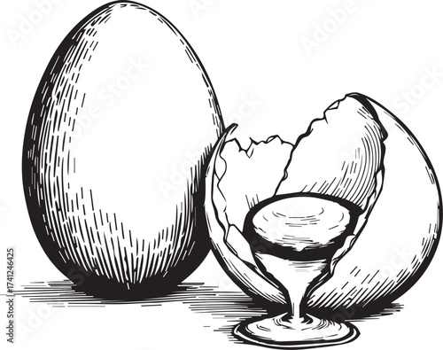 Black and white vector illustration of whole egg and cracked egg with yolk and egg white spilling