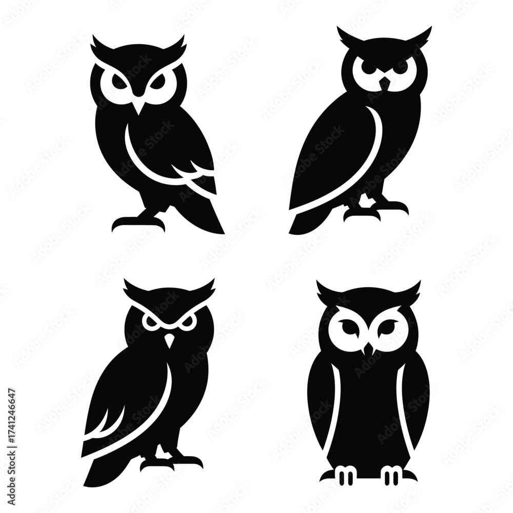 Fototapeta premium Four silhouette owls collection various poses iconic birds night wildlife design elements silhouette