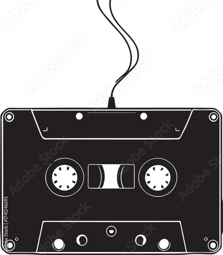 Cassette tape with earphones plugged in, black and white vector illustration of retro music concept