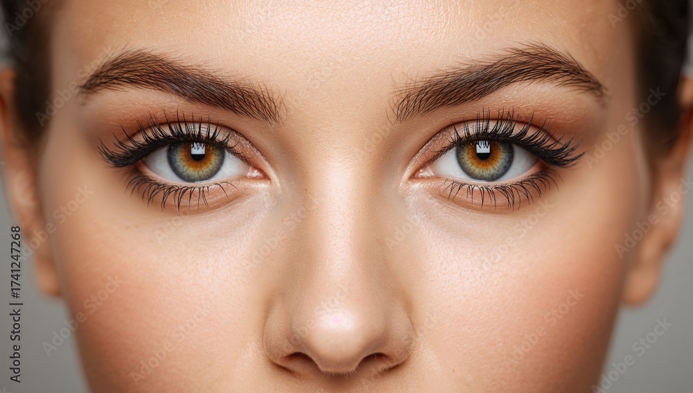 Naklejka premium Close up of young woman's face highlighting eyes, eyelashes and eyebrows with natural makeup, showcasing clear skin and symmetrical features.
