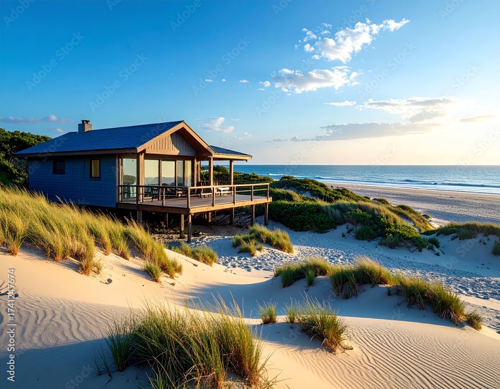 Fototapeta premium Real estate Beachside bungalow steps away from sand dunes