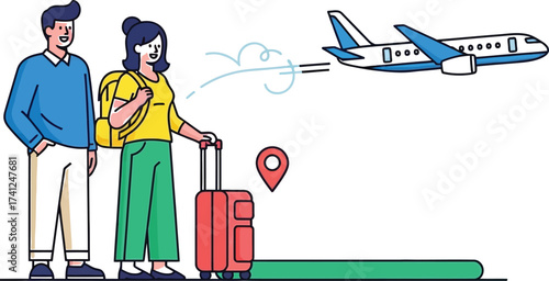 Couple ready for exciting vacation with airplane vector illustration