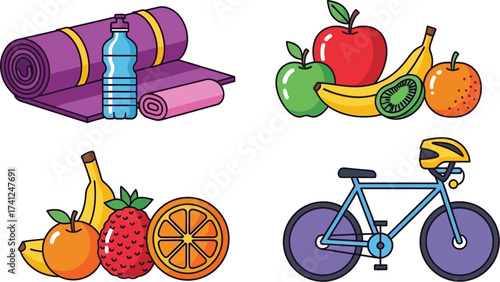 Healthy lifestyle with yoga mat, fresh fruit and bicycle for wellness