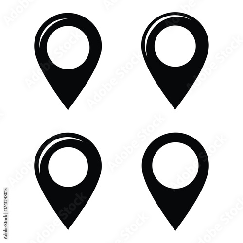 Four black location pin icons representing navigation and search for geolocation data silhouette