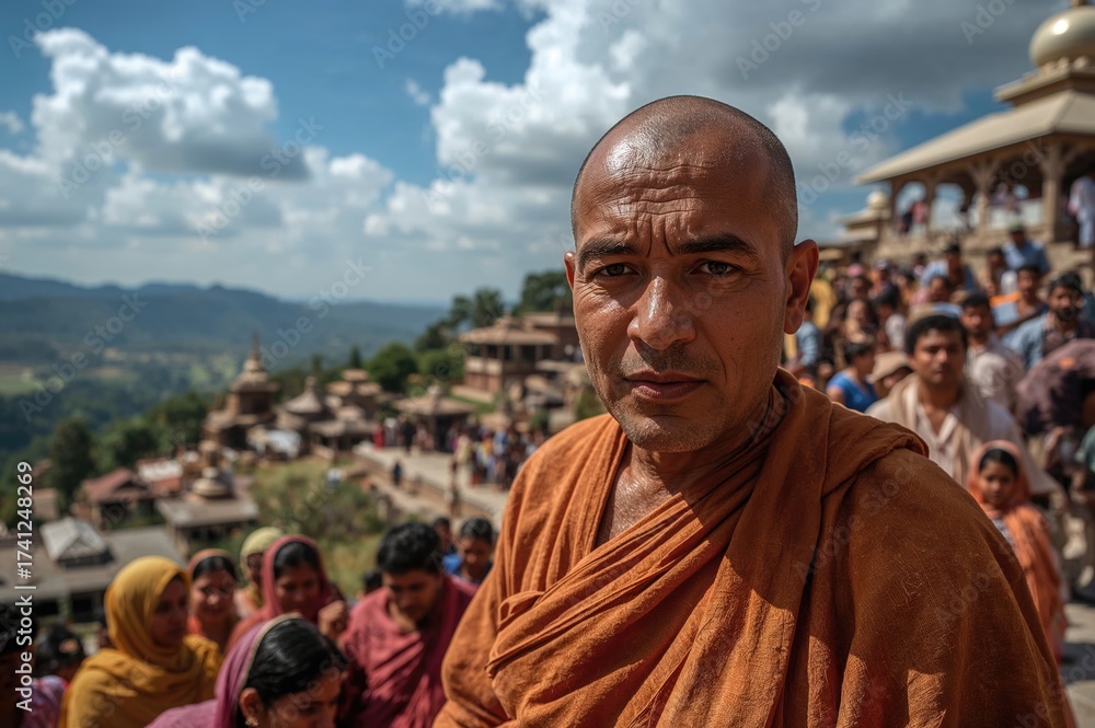 Naklejka premium Buddhist monk in orange robes standing in a crowd with mountains and a temple complex in the background under a partly cloudy sky