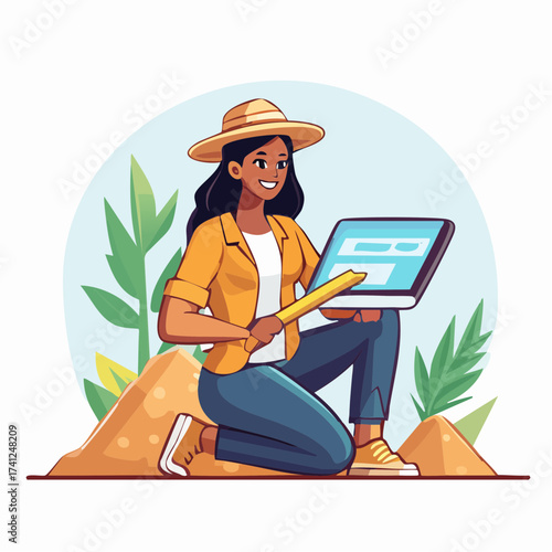 Woman archaeologist studying tablet in field