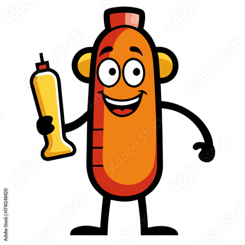 Happy Cartoon Hot Dog Mascot Holding Mustard Bottle, Fun Food Illustration