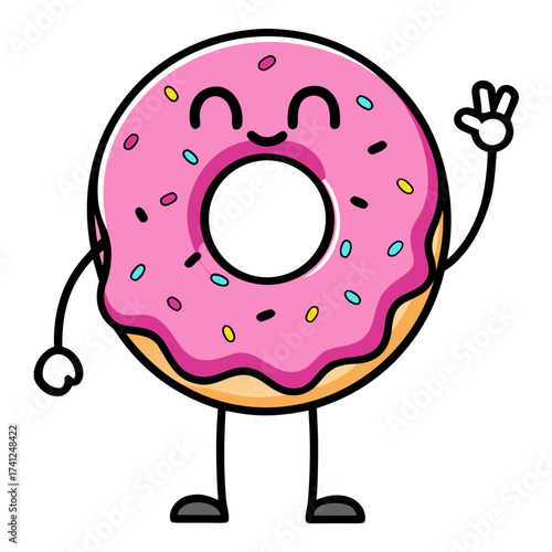 Smiling Donut Character with Pink Frosting, Sprinkles, and a Friendly Wave