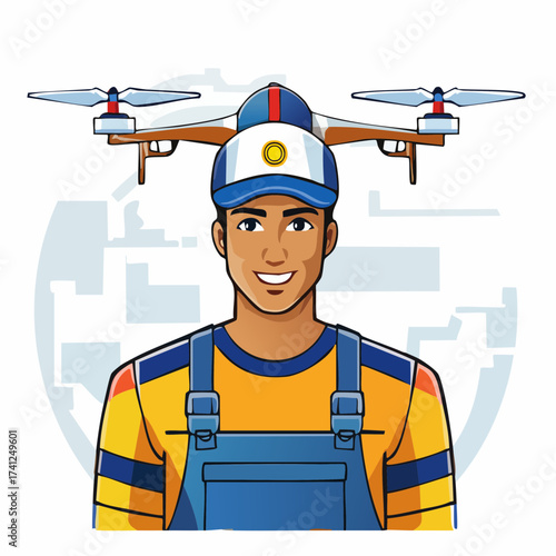 Drone operator wearing cap with drone above head