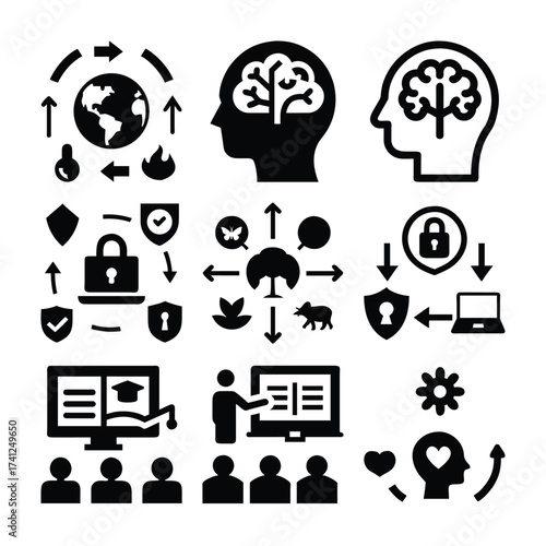 Variety of Abstract Pictograms Conveying Ideas Such as Global Exchange, Education, Data Protection, Ecological Awareness and Thought Process Concepts