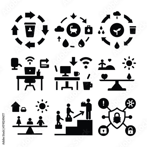 Assorted Pictograms Depicting Recycling, Working From Home, Balance, Professional Growth, and Data Security in a Collection of Black and White Icons