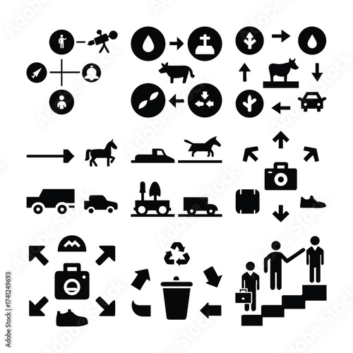 Collection of Black Pictograms Representing Concepts like Research, Environmentalism, Transportation, Commerce, and Development on a White Background