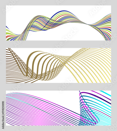 Wavy lines or ribbons. Set of 3 backgrounds. Multicolored striped gradient. Creative unusual background with abstract gradient wave lines to create a trendy banner, poster. vector eps