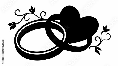 Interlocking wedding rings and a heart silhouette with decorative vines on a white background design
