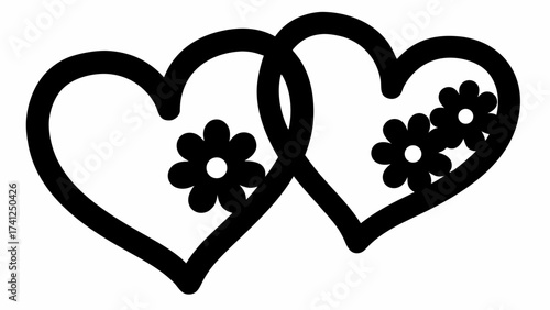Two intertwined hearts with floral accents in a minimalist black and white design for love themes