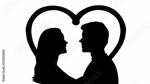 Silhouette of a couple facing each other inside a heart shape on a white background in a simple design