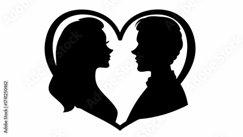 Silhouette of a couple facing each other inside a heart shaped frame in black and white illustration
