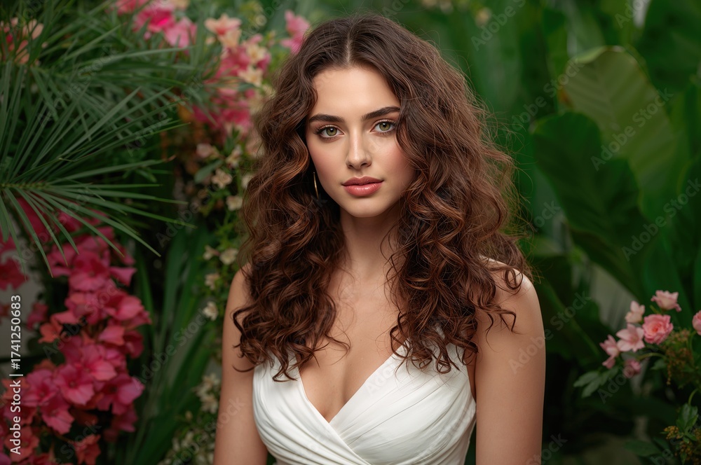 Fototapeta premium Portrait of a woman with long curly hair wearing a white top, set against a lush background of tropical leaves and colorful flowers, creating a vibrant and natural aesthetic.
