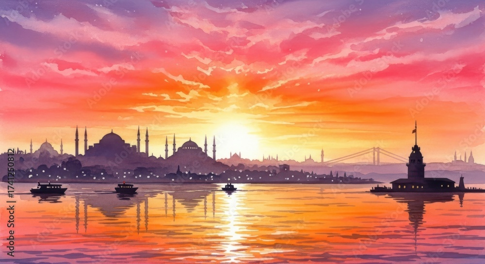 Fototapeta premium Vibrant istanbul sunset over bosphorus strait with iconic landmarks reflected