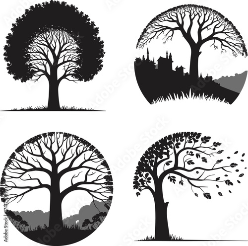 Stylized seasonal tree illustrations, black and white nature art, circular frame design, urban and mountain landscape, windy autumn concept, minimal