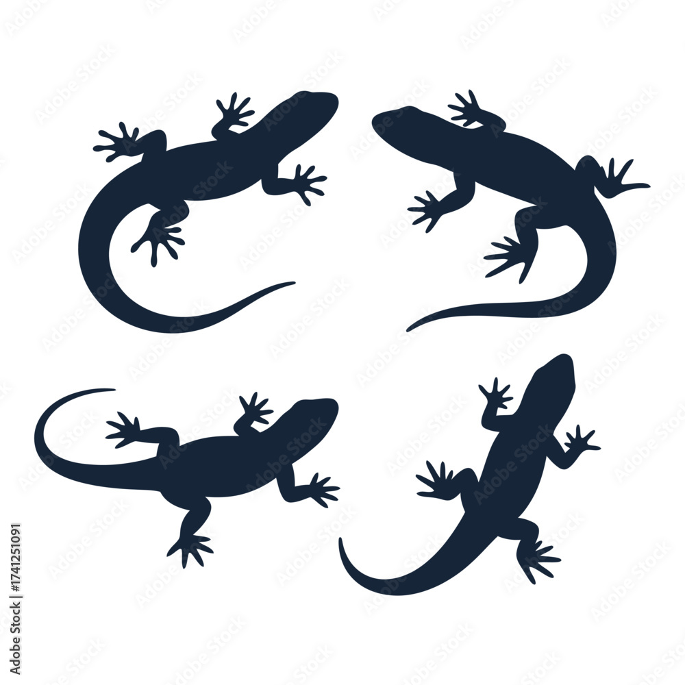 Naklejka premium Set of four black silhouettes of geckos in dynamic poses for decorative and educational purposes silhouette