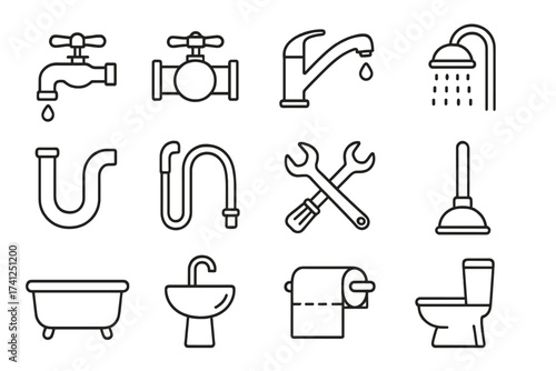 Bathroom plumbing line icon set. Sanitary ware and hygiene symbols. Vector collection of toilet, sink, shower, faucet, bathtub, pipes, plunger, and repair tools icons.