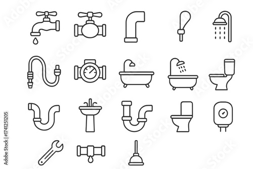 Bathroom plumbing line icon set. Plumber service, sanitary engineering outline symbols. Faucet, toilet, pipe, shower, sink, bathtub, valve, drain vector illustration.