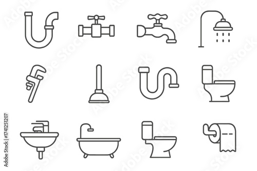 Bathroom plumbing outline icons set. Simple line vector illustration of sanitary ware. Includes toilet, sink, shower, bathtub, pipe, faucet, wrench, and plunger for web design.