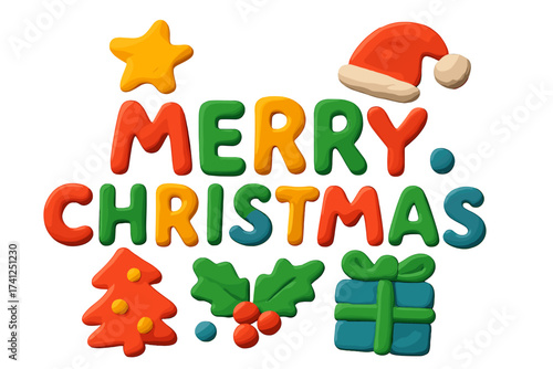 Merry Christmas clay lettering. Plasticine 3D font for festive holiday design. Handmade colorful alphabet with Xmas decoration, Santa hat, star, tree, gift, and holly.