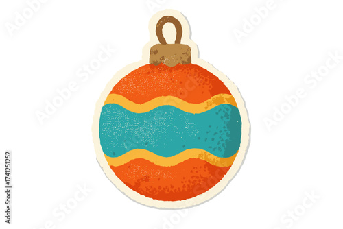 Christmas bauble ornament in naive torn paper collage style. Vector vintage clay toy illustration. Retro holiday decoration with halftone texture for Xmas design or sticker.