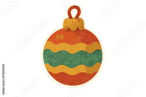 Vintage Christmas bauble in a torn paper sticker style. Retro holiday ornament with naive halftone and collage texture. Festive handmade craft decoration for Xmas celebration.