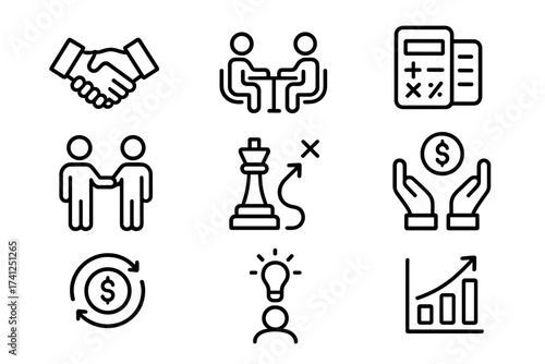 Business success and growth line icons set. Vector outline pictogram pack of agreement, meeting, accounting, partnership, strategy, investment, innovation and teamwork concepts.