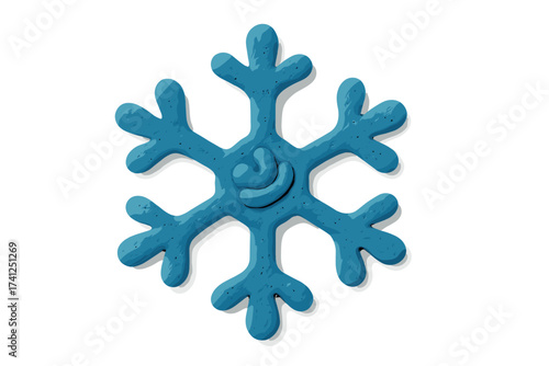 Blue snowflake clay icon in naive childish style. Winter christmas holiday symbol. Plasticine 3d render effect. Handmade craft for kids. Weather decoration isolated on white.