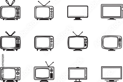 Television icon set in black silhouette style with retro and modern designs for media, technology, and entertainment themes