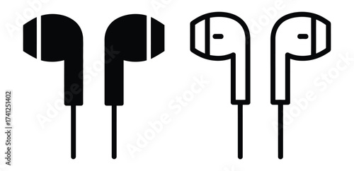 Vector art of a captivating illustration showcasing two pairs of earphones, one in solid black and the other in outline form, , offering a minimalist yet striking visual contrast
