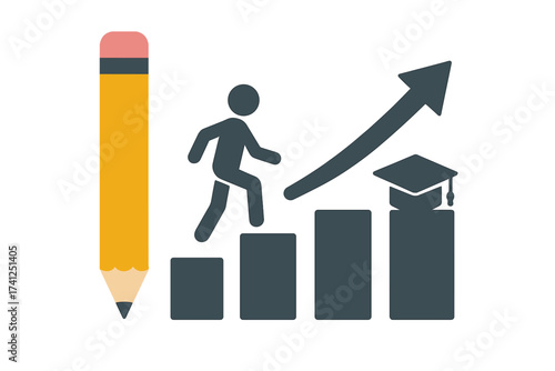 Education success concept. Person climbs stair chart to graduation. Metaphor for learning, career growth, and personal development. Pencil icon. Vector infographic illustration.