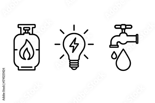 Household utilities icon set. Gas, water, electricity. Propane tank with flame. Light bulb with lightning bolt. Faucet with water drop. Thin line vector illustration symbols.