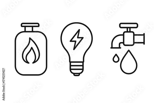 Gas, water, electricity thin line icon set. Vector outline illustration for house utilities, energy consumption, and resource management. Propane tank, lightbulb, faucet icons.