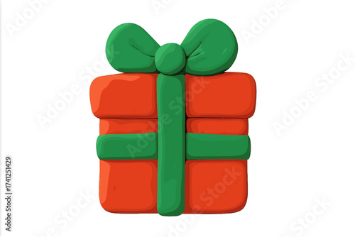 Gift box clay Christmas element. Naive childish style present. Isolated plasticine toy. Vector cartoon illustration for holiday, birthday, or celebration design. Handmade 3D icon.