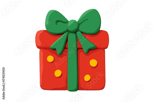 Christmas gift box in a naive childish clay style. Isolated red plasticine present with a green bow. Cartoon vector illustration for holiday or birthday celebration. 3D render.