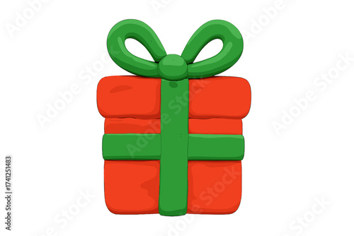 Christmas gift box in naive childish clay style. Red present with green ribbon. Plasticine modeling cartoon for holiday celebration. Isolated 3d vector on white background.