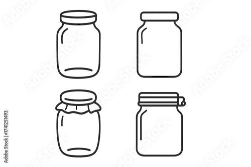 Set of glass jar line icons. Vector illustration for food storage, canning, and preserving. Empty mason, jam, and pickle jars. Kitchen container symbol collection.