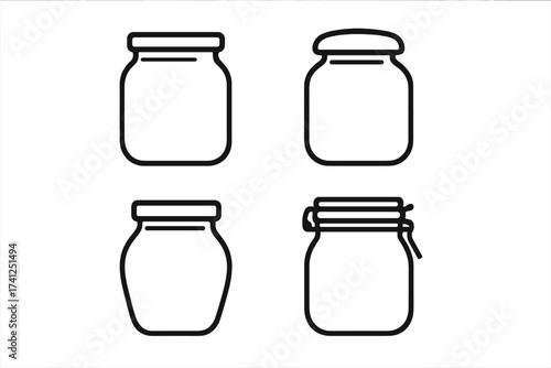 Glass jar line icon set. Empty container collection for food storage, canning, preserving. Vector outline symbol of mason jar, pot, bottle. Isolated graphic for web, app.